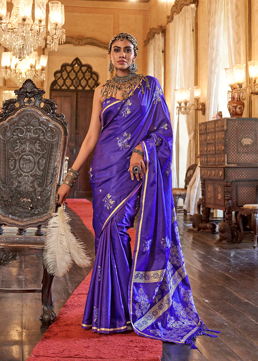 Violet Classic Banarasi Satin Silk Saree With Zari Motifs