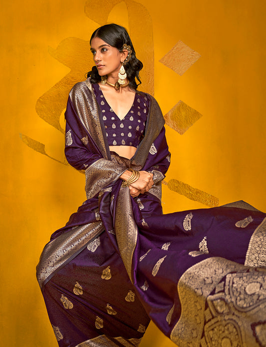 Dark Purple Classic Banarasi Silk Saree With Zari Motifs