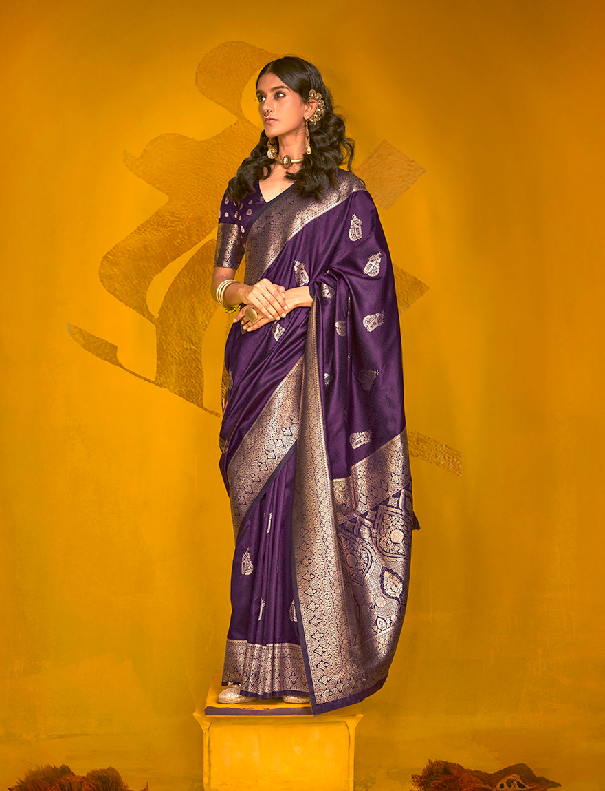 Dark Purple Classic Banarasi Silk Saree With Zari Motifs