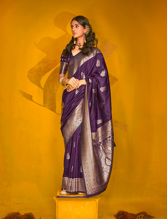 Dark Purple Classic Banarasi Silk Saree With Zari Motifs