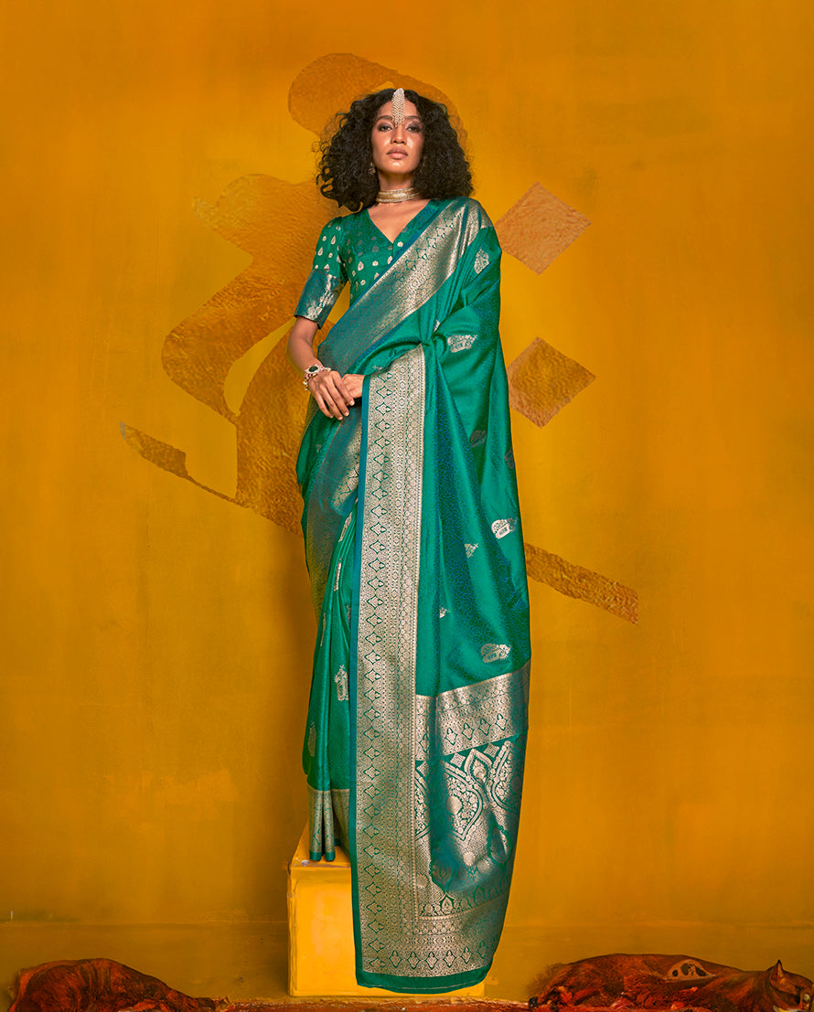 Turquoise Classic Banarasi Silk Saree With Zari Motifs