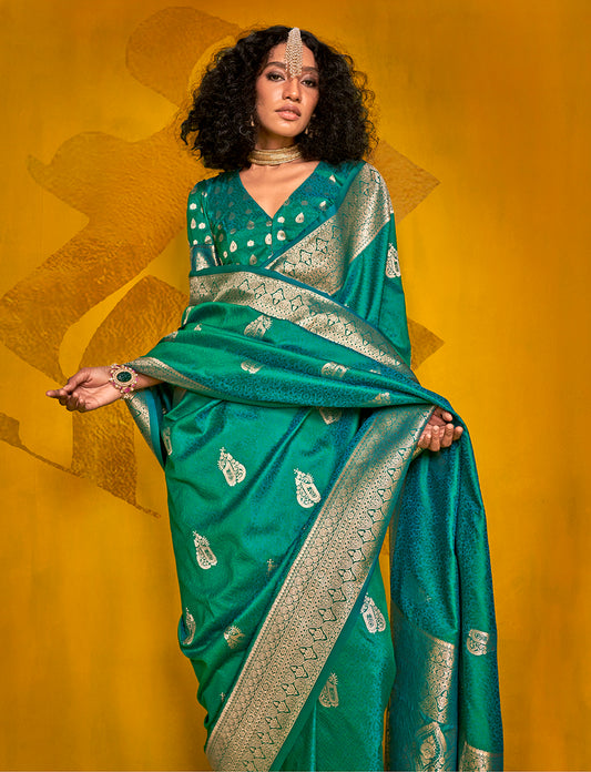 Turquoise Classic Banarasi Silk Saree With Zari Motifs