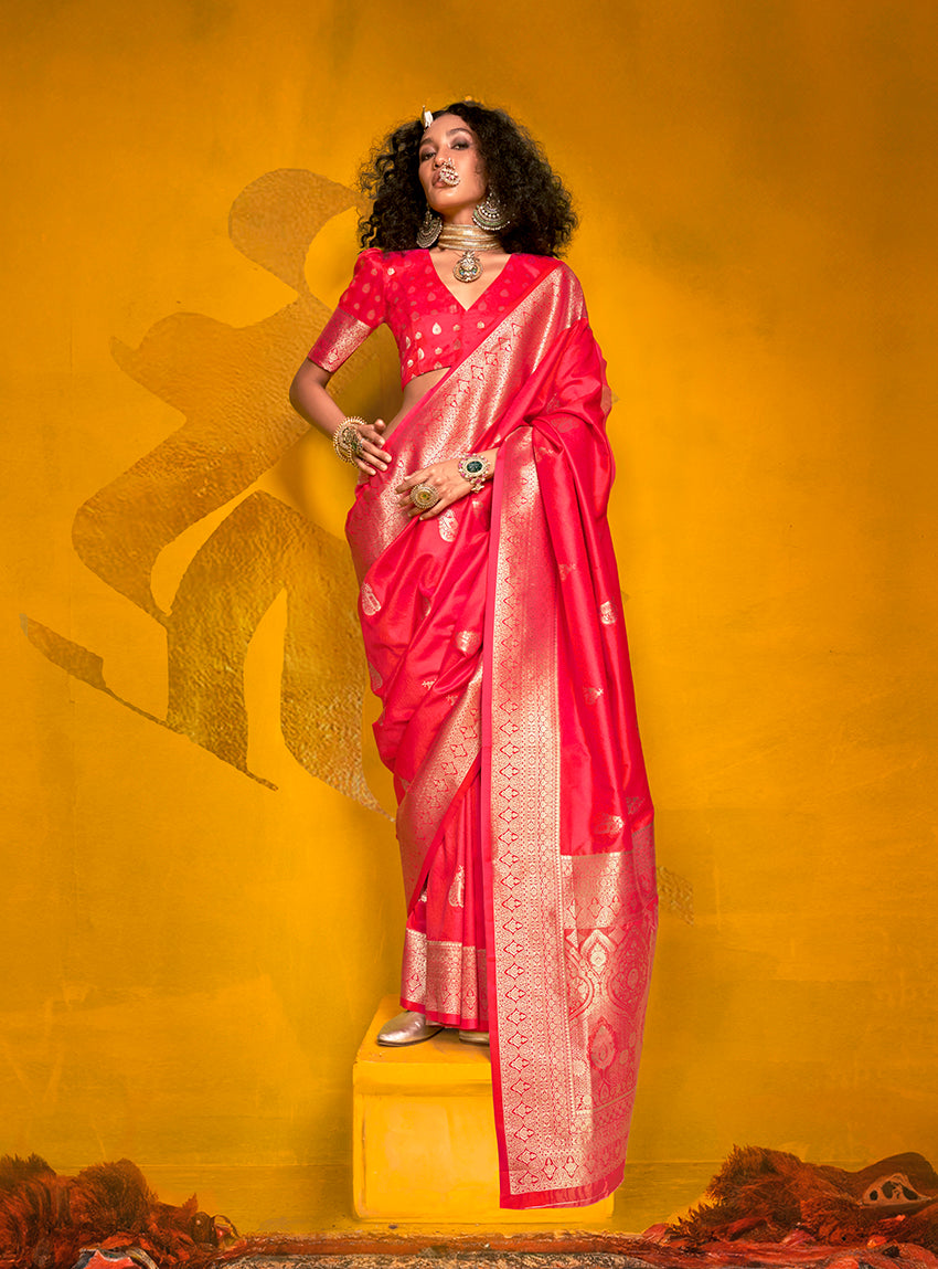 Bright Red Classic Banarasi Silk Saree With Zari Motifs
