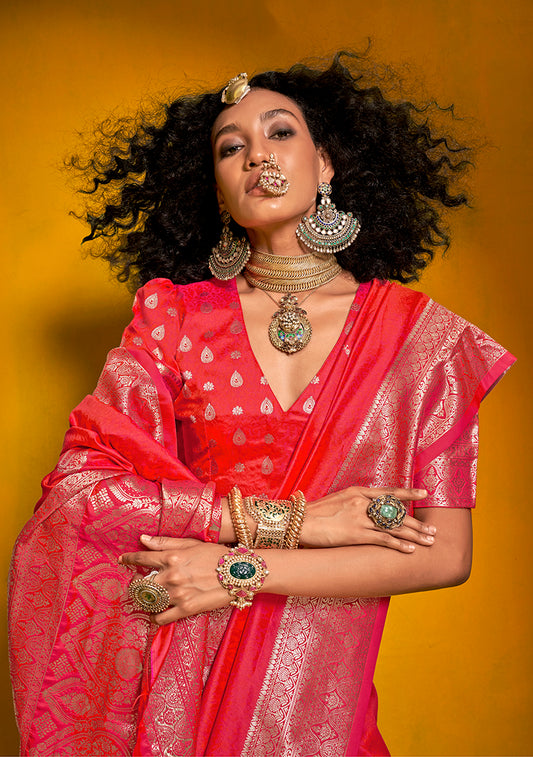Bright Red Classic Banarasi Silk Saree With Zari Motifs