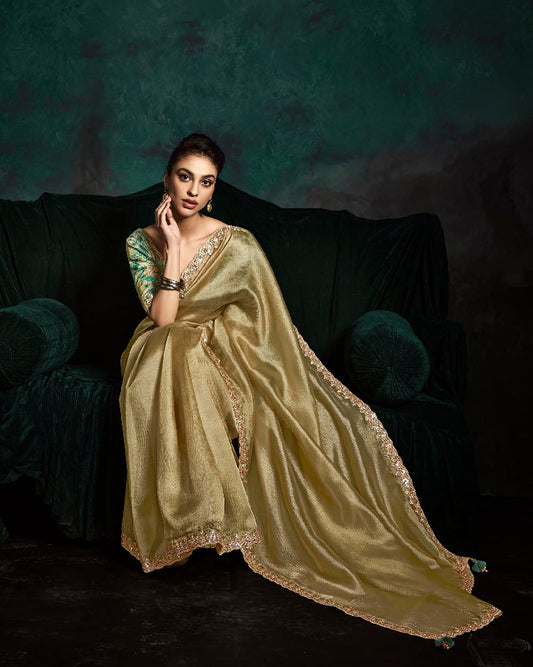 Bronze Yellow Crush Tissue Silk Designer Embroidered Party Wear Saree