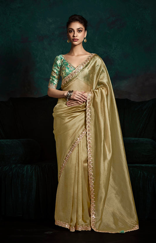 Bronze Yellow Crush Tissue Silk Designer Embroidered Party Wear Saree