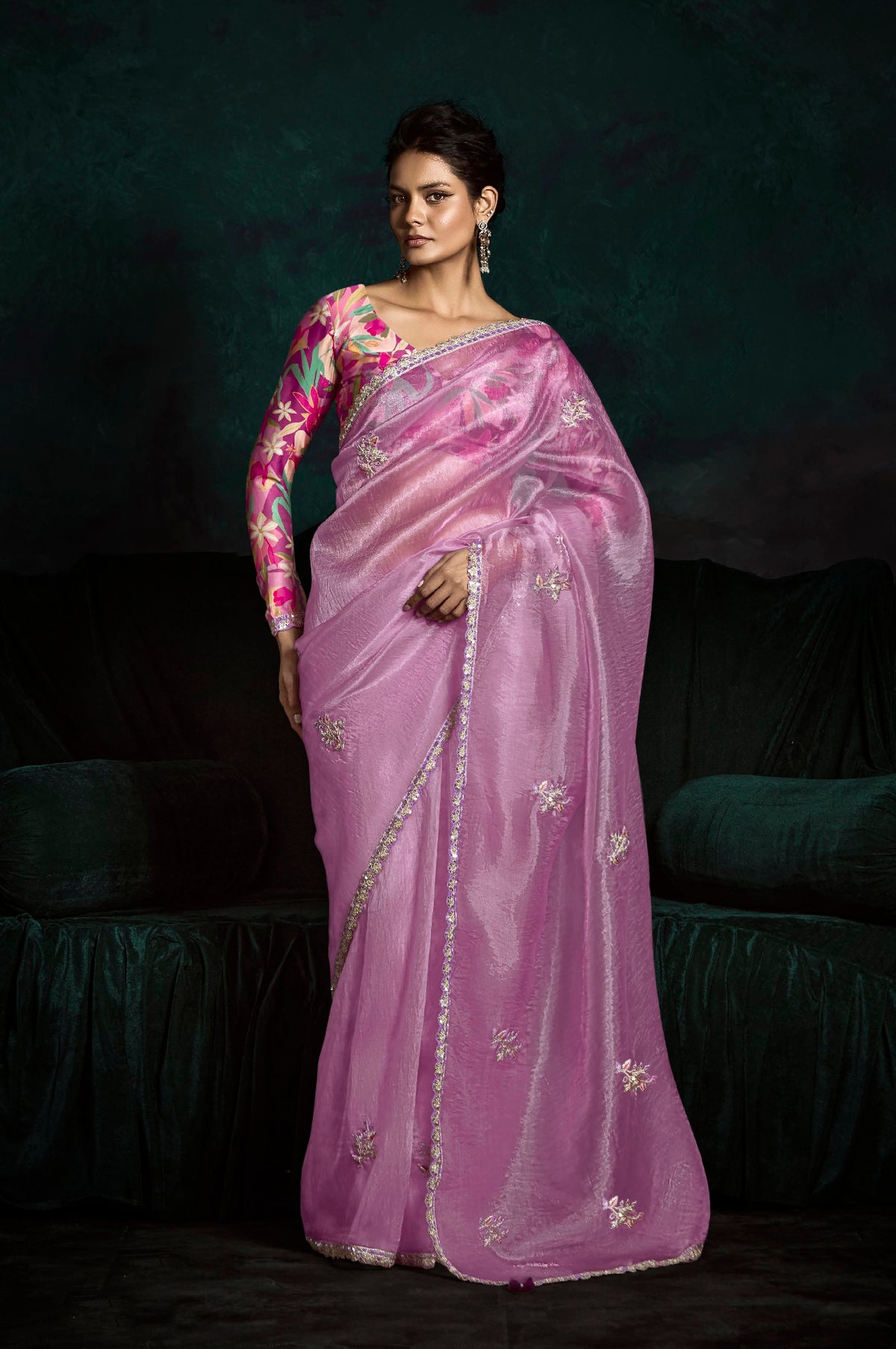 Lavender Crush Tissue Silk Designer Embroidered Party Wear Saree With Printed Blouse