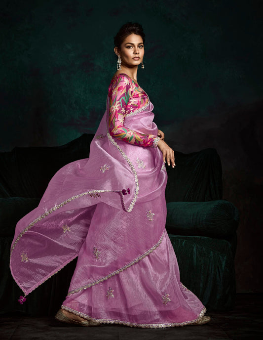Lavender Crush Tissue Silk Designer Embroidered Party Wear Saree With Printed Blouse