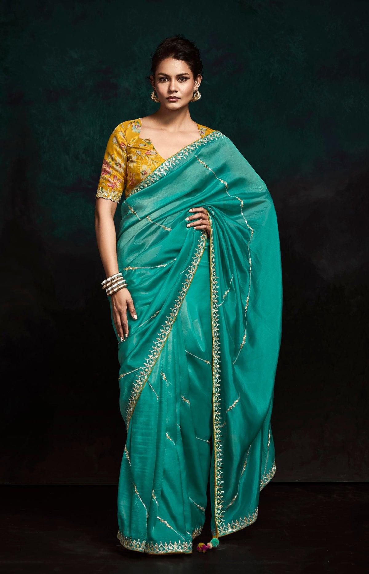 Teal Crush Tissue Silk Designer Embroidered Party Wear Saree With Printed Blouse