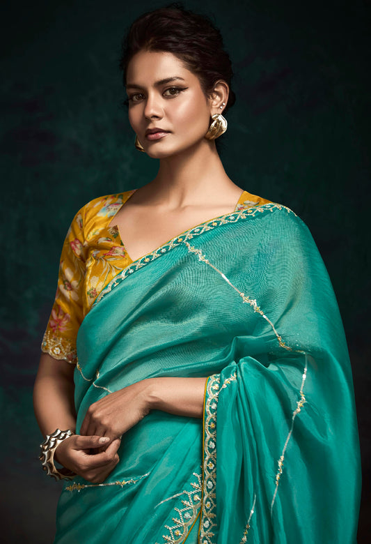 Teal Crush Tissue Silk Designer Embroidered Party Wear Saree With Printed Blouse