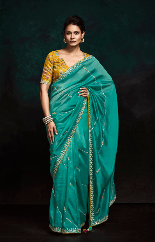 Teal Crush Tissue Silk Designer Embroidered Party Wear Saree With Printed Blouse