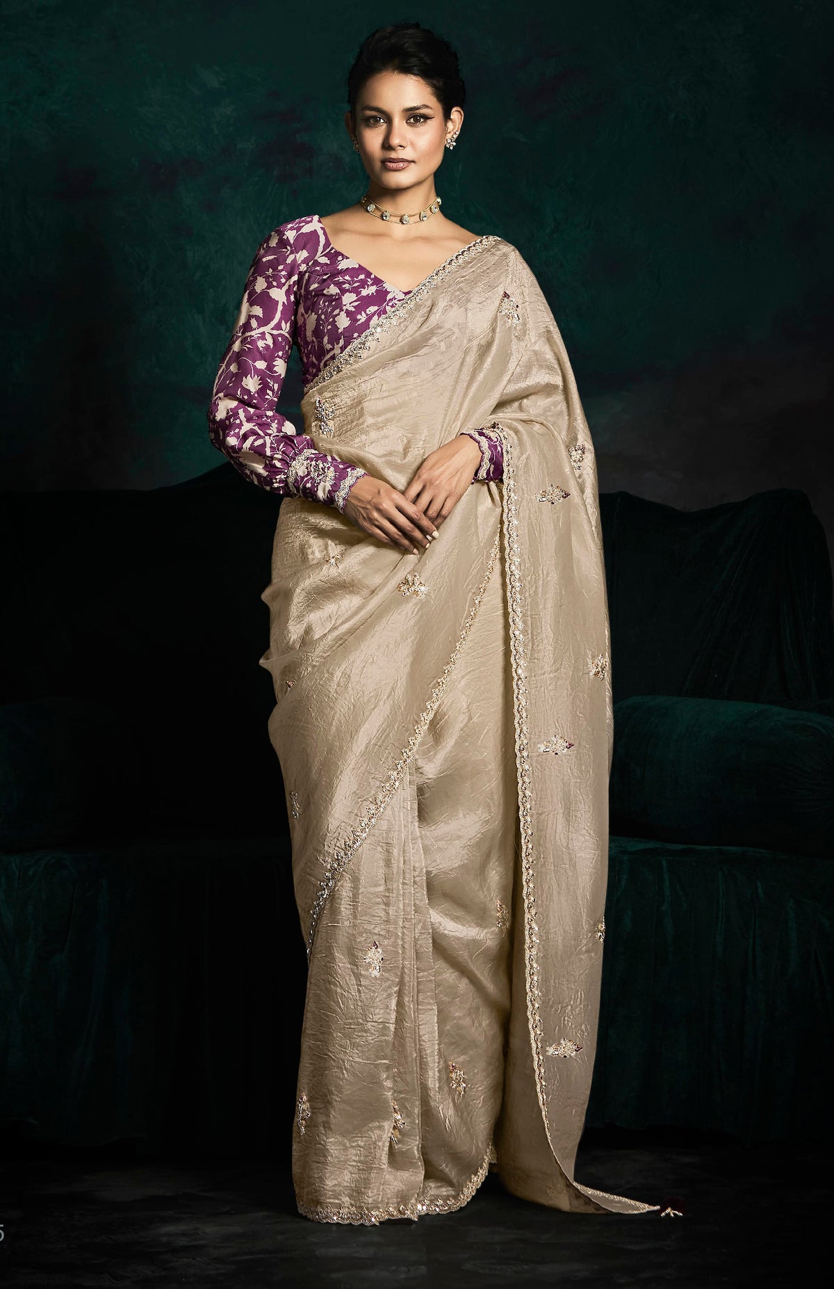Golden Beige Crush Tissue Silk Designer Embroidered Party Wear Saree