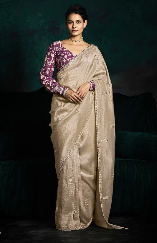 Golden Beige Crush Tissue Silk Designer Embroidered Party Wear Saree