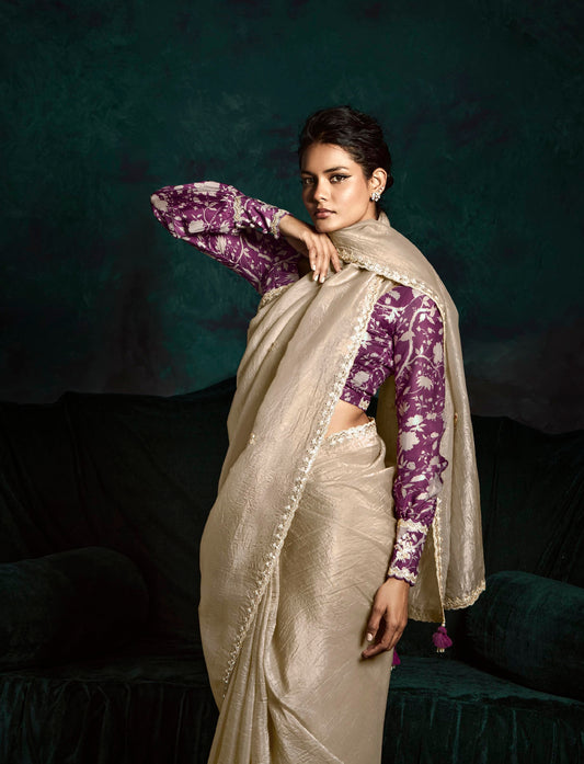 Golden Beige Crush Tissue Silk Designer Embroidered Party Wear Saree