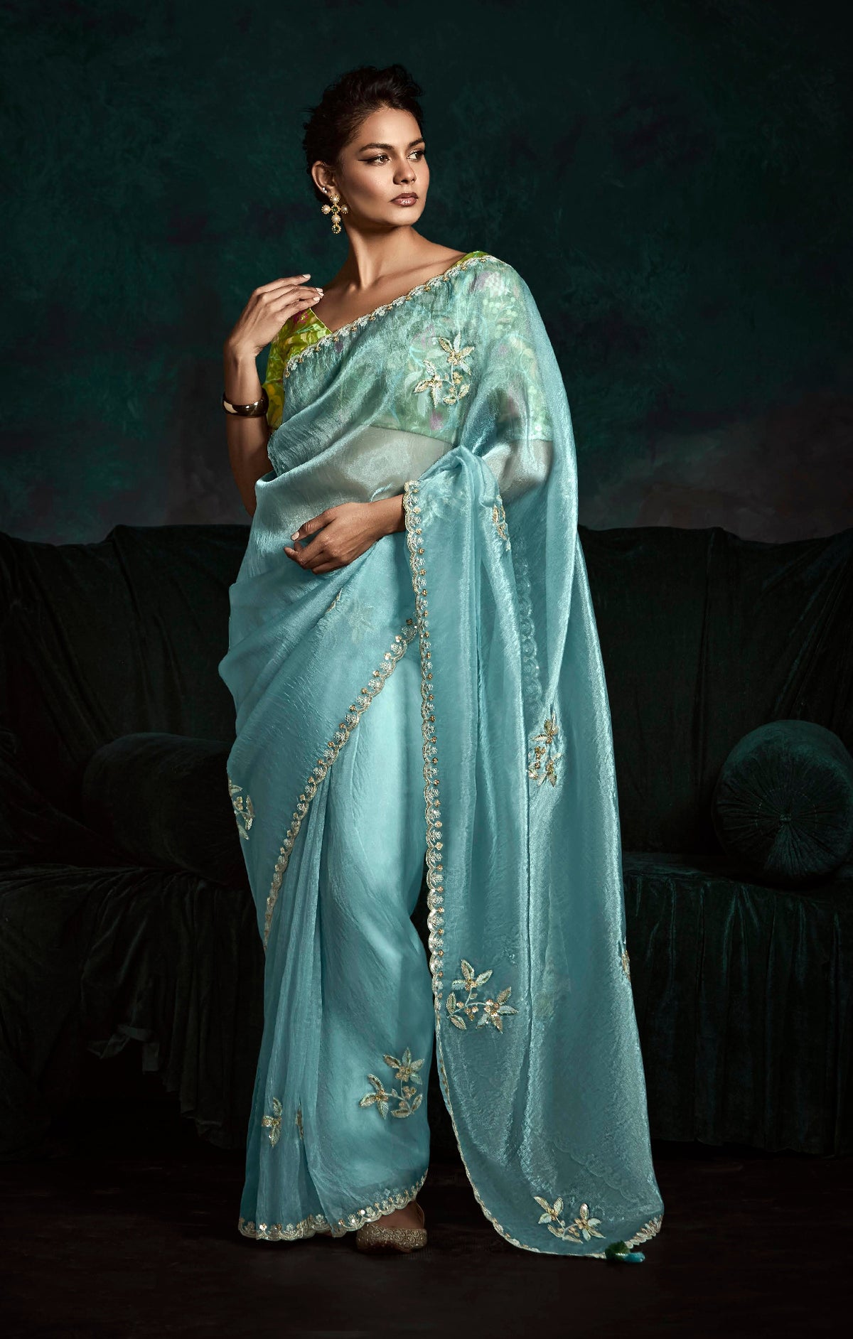 Sky Blue Crush Tissue Silk Designer Embroidered Party Wear Saree
