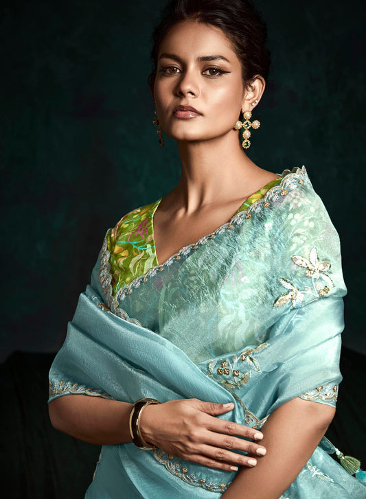 Sky Blue Crush Tissue Silk Designer Embroidered Party Wear Saree