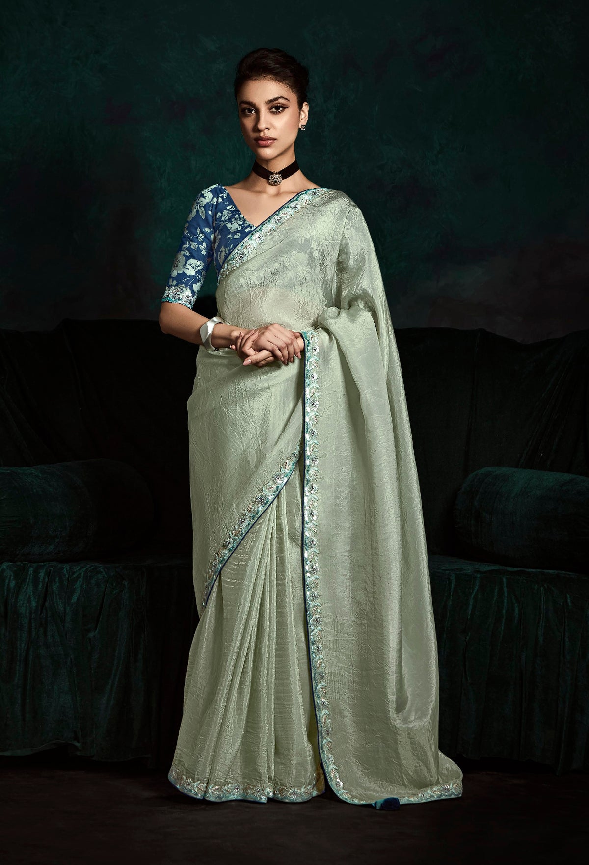 Saga Green Crush Tissue Silk Designer Embroidered Party Wear Saree