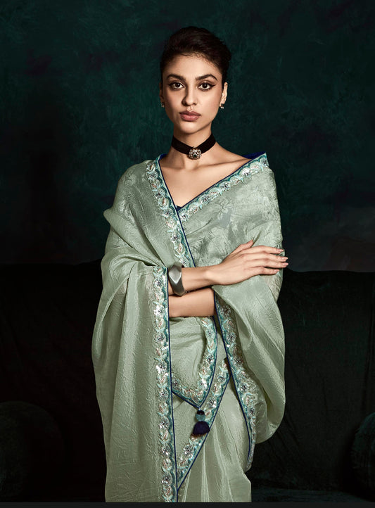 Saga Green Crush Tissue Silk Designer Embroidered Party Wear Saree