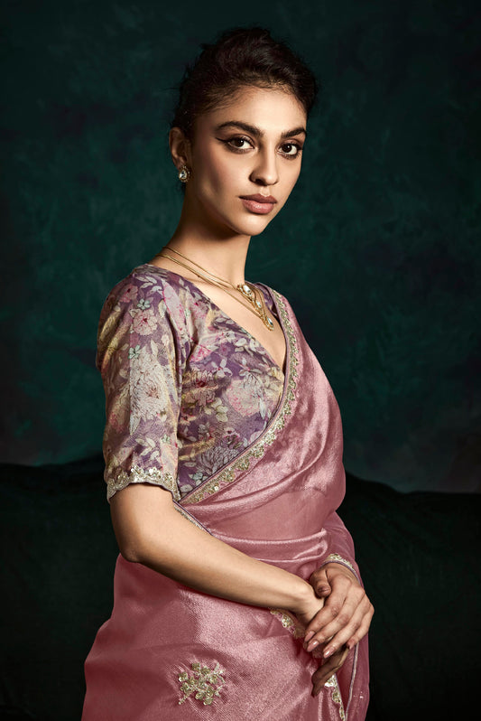 Dusty Rose Pink Crush Tissue Silk Designer Embroidered Party Wear Saree