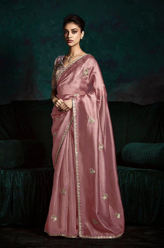 Dusty Rose Pink Crush Tissue Silk Designer Embroidered Party Wear Saree
