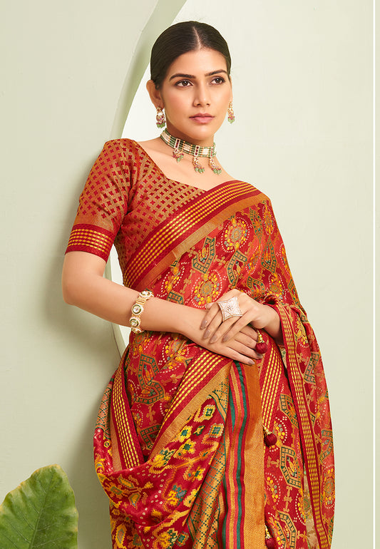 Rust Georgette Paisley Print Work Saree