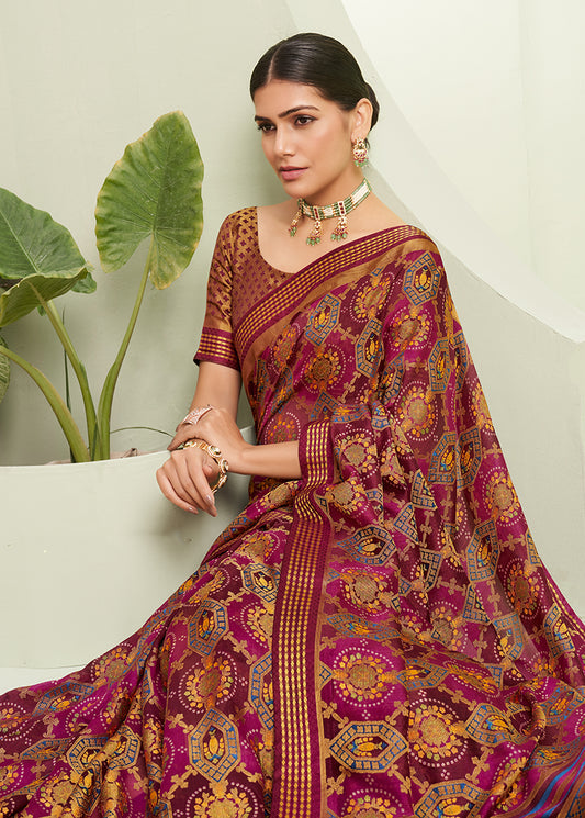 Purple Georgette Paisley Print Work Saree