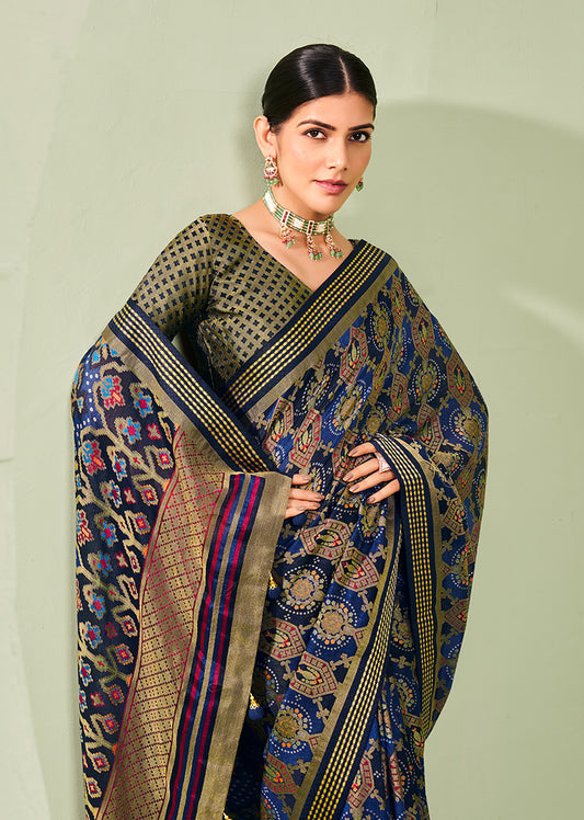 Navy Blue Georgette Paisley Print Work Saree