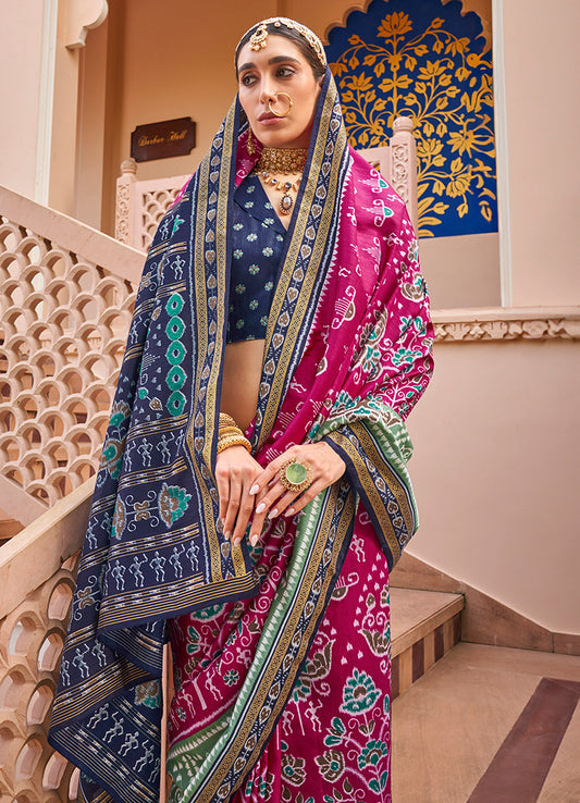 Rani Pink Silk Printed Saree