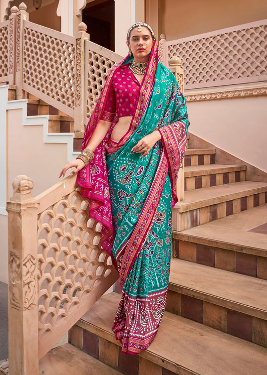 Turquoise Silk Printed Saree