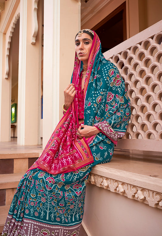 Teal Blue Silk Printed Saree