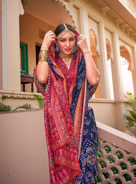 Navy Blue Silk Printed Saree