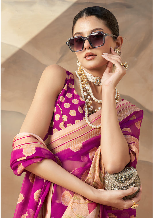 Rani Pink Georgette Weaving Zari Printed Saree