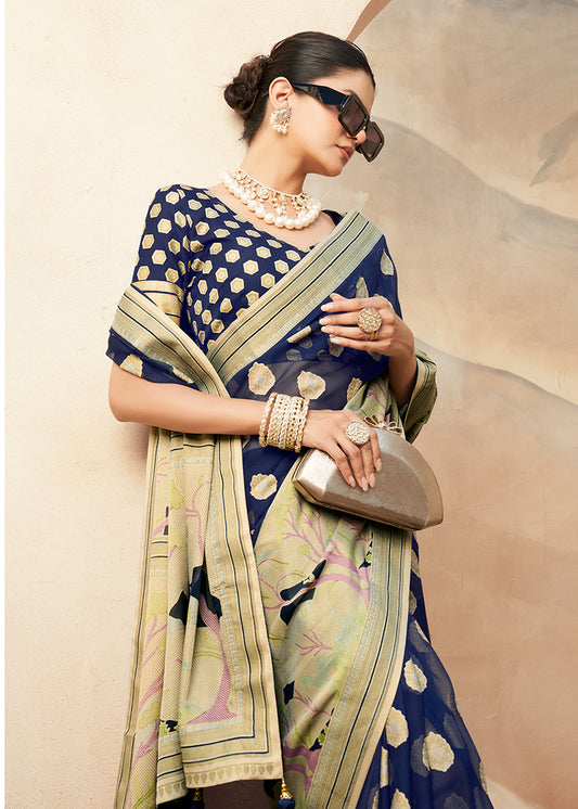 Navy Blue Georgette Weaving Zari Printed Saree