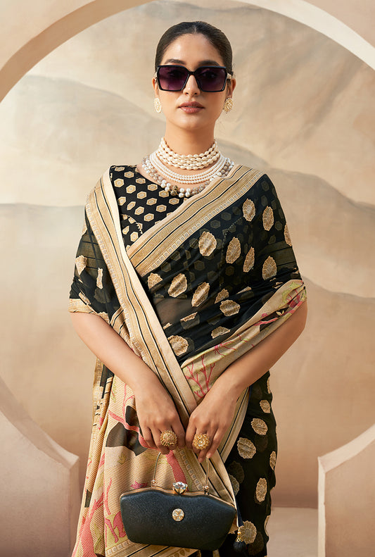 Black Georgette Weaving Zari Printed Saree