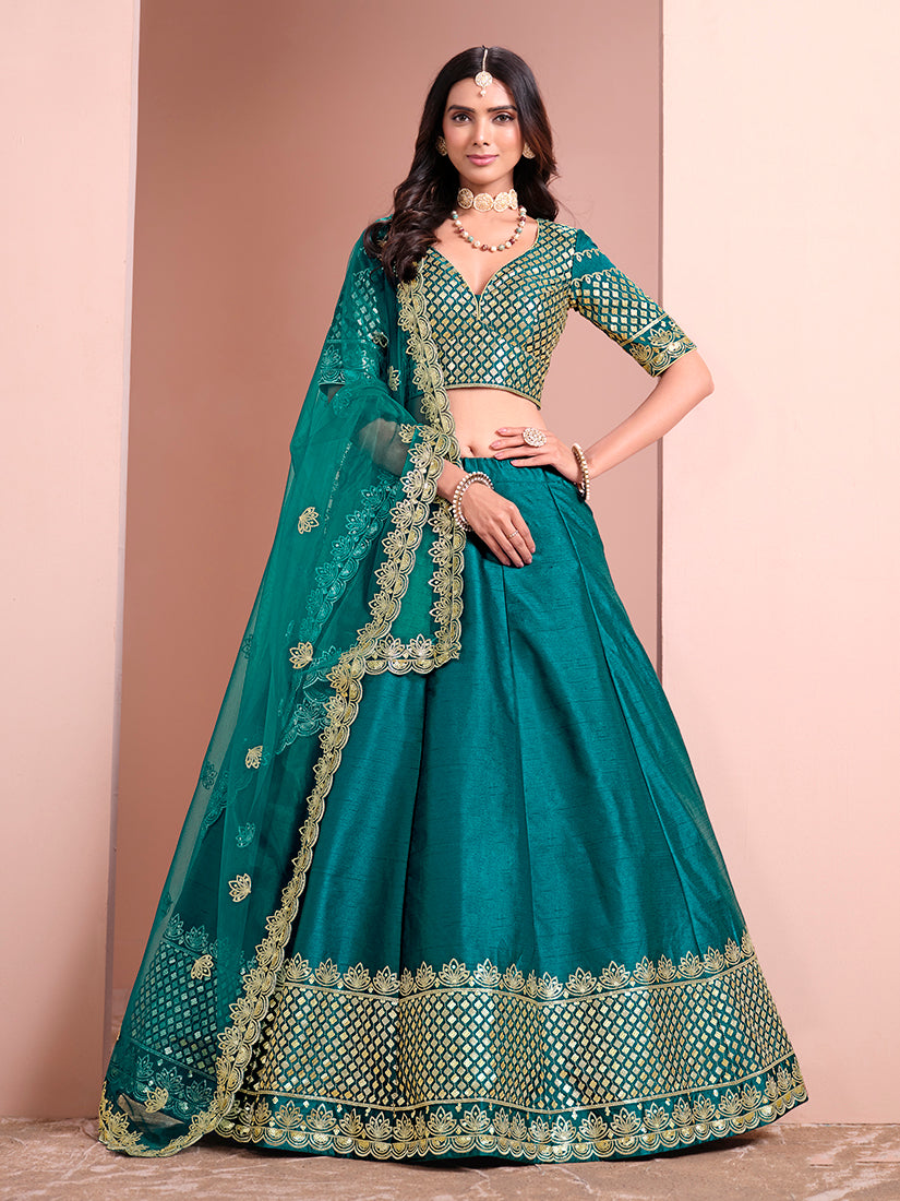 Teal Art Silk Embroidered Trendy A Line Lehenga Choli