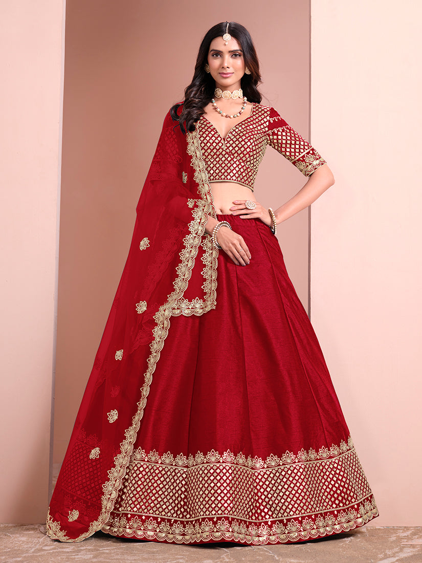 Red Art Silk Embroidered Trendy A Line Lehenga Choli