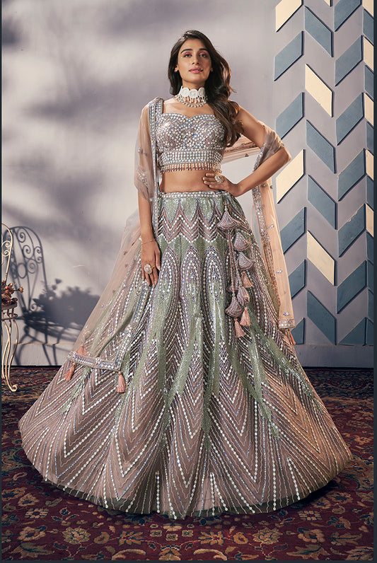Sage Green & Mauve Net Sequins, Zari & Resham Work Readymade Lehenga Choli
