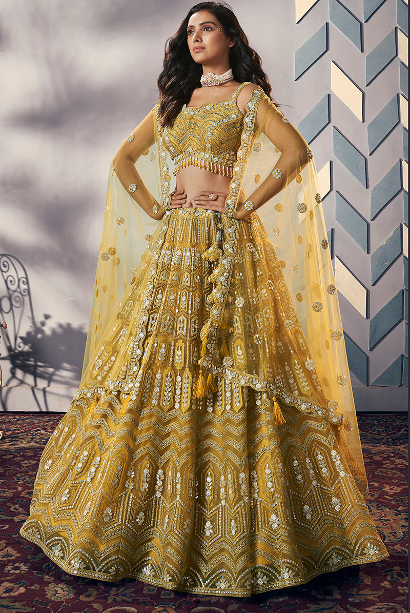 Yellow Net Sequins, Zari & Resham Work Readymade Lehenga Choli