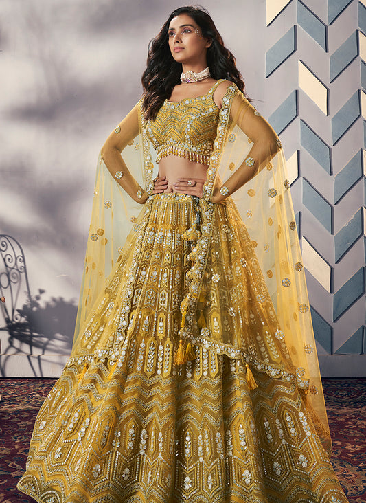 Yellow Net Sequins, Zari & Resham Work Readymade Lehenga Choli