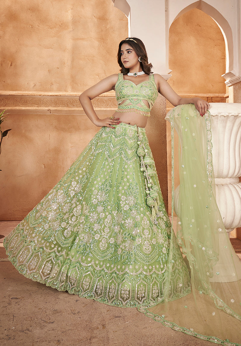 Light Green Net Embroidered Readymade Lehenga Choli & Dupatta