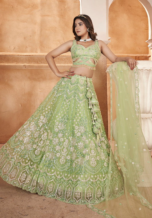 Light Green Net Embroidered Readymade Lehenga Choli & Dupatta