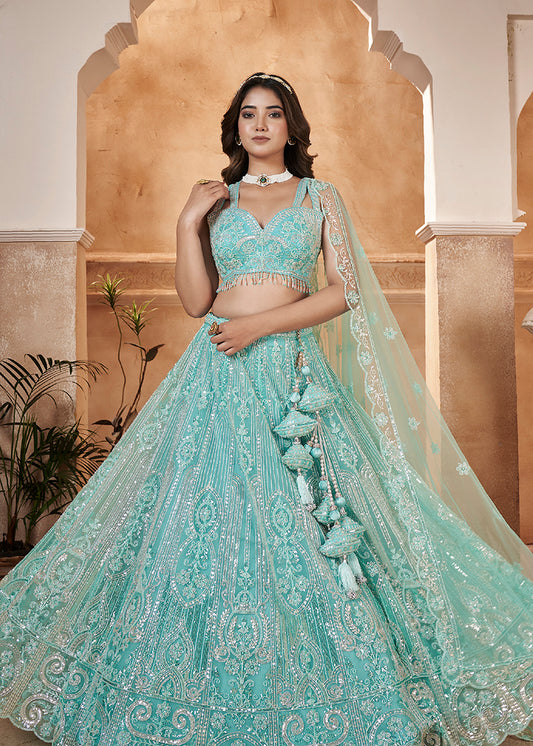 Aqua Blue Net Embroidered Readymade Lehenga Choli & Dupatta