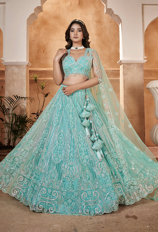 Aqua Blue Net Embroidered Readymade Lehenga Choli & Dupatta