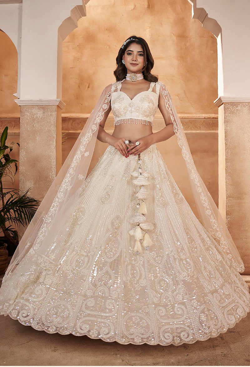 White Net Embroidered Readymade Lehenga Choli & Dupatta