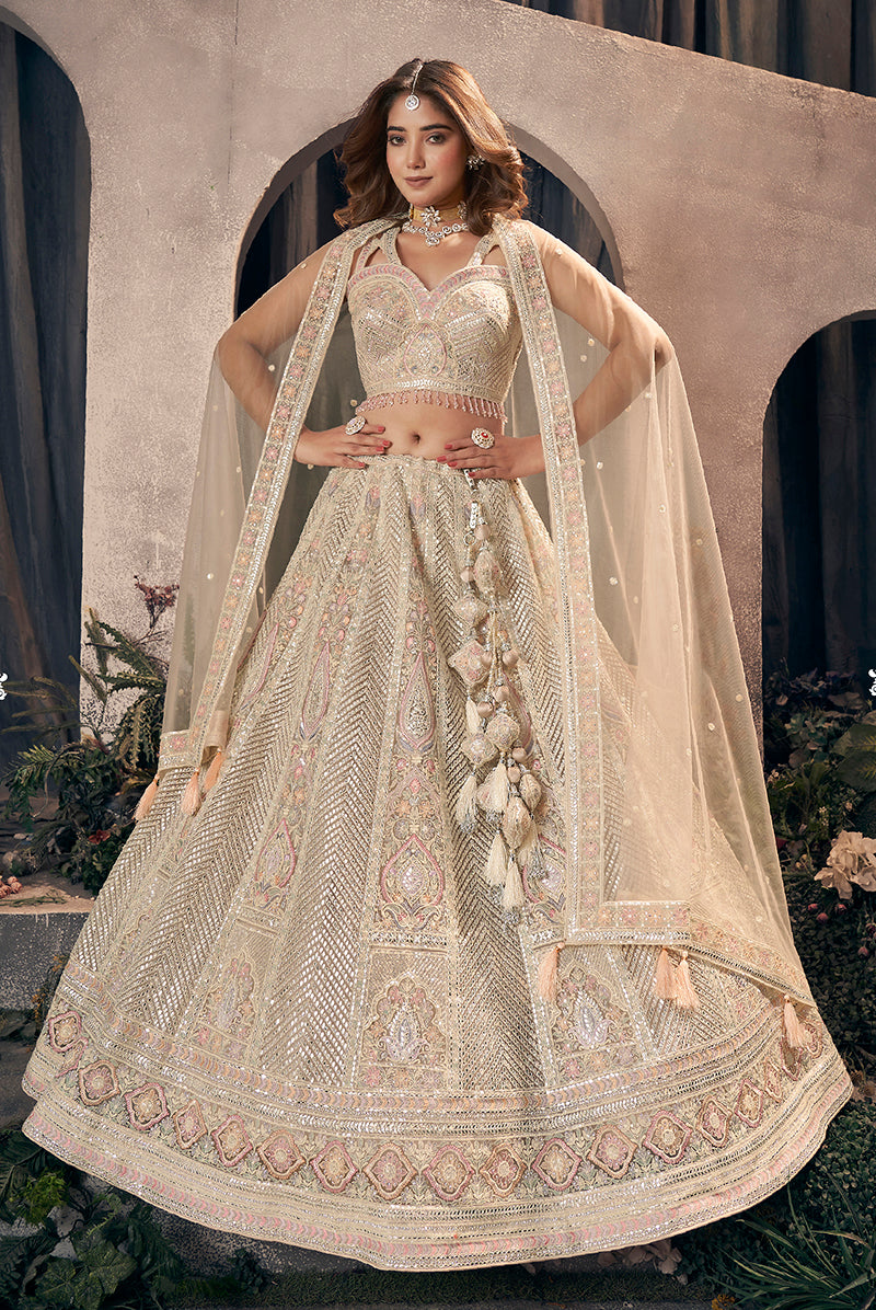 Cream Net Gotapatti & Hand Work Embroidery Readymade Lehenga Choli With Dupatta