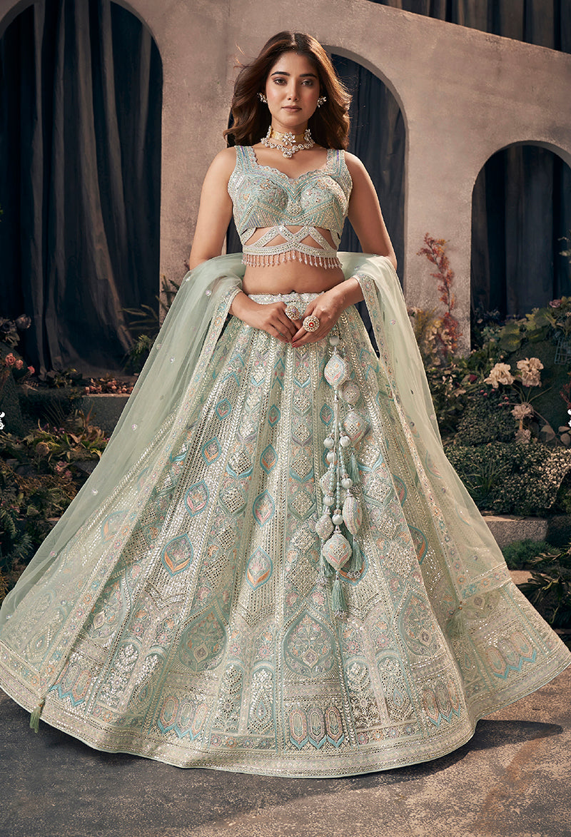 Pista Green Net Gotapatti & Hand Work Embroidery Readymade Lehenga Choli With Dupatta