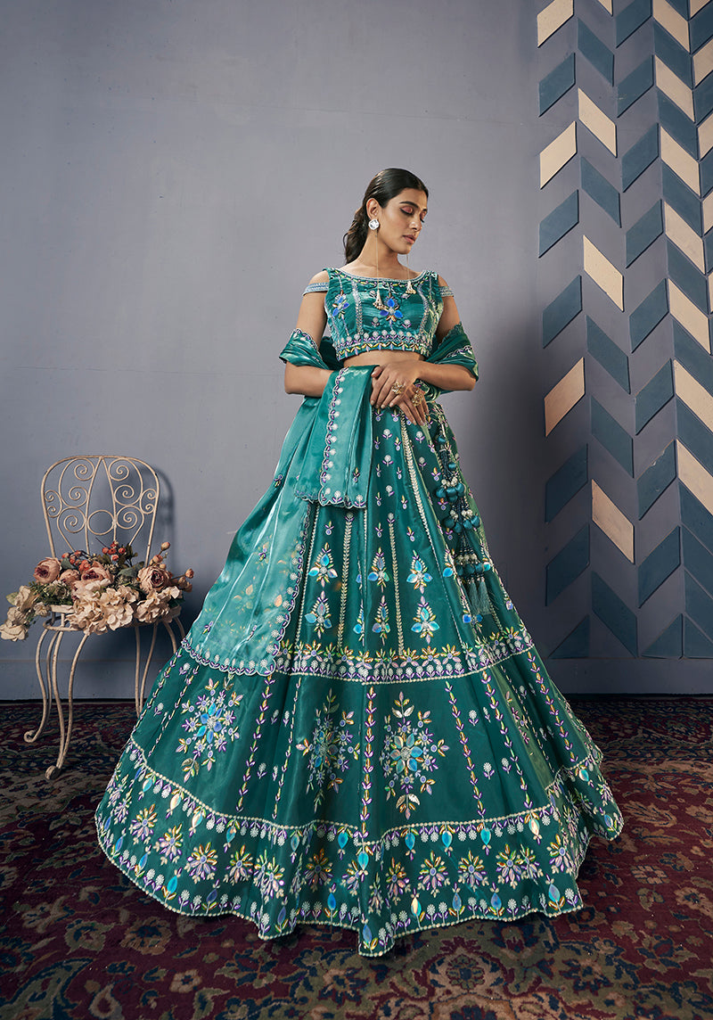Teal Jimmy Choo Embroidery Readymade Lehenga Choli With Dupatta