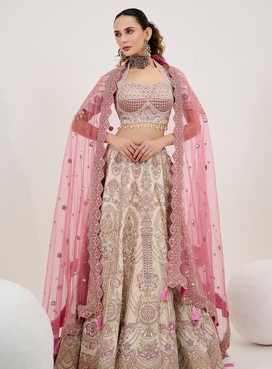 Cream Silk Embroidery Readymade Lehenga Choli With Dupatta