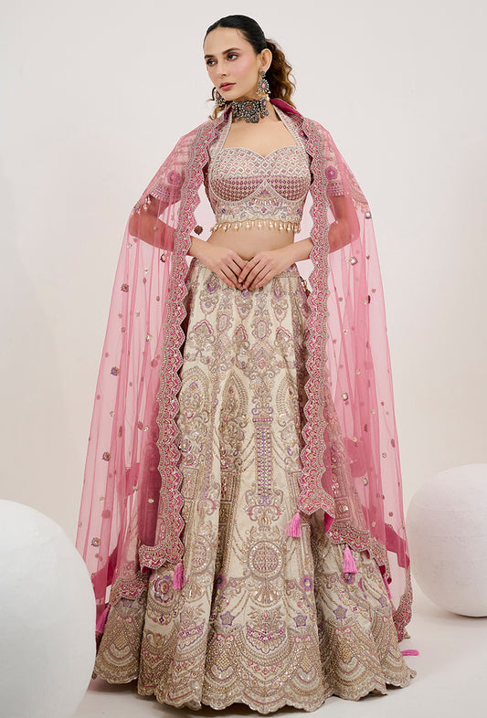 Cream Silk Embroidery Readymade Lehenga Choli With Dupatta