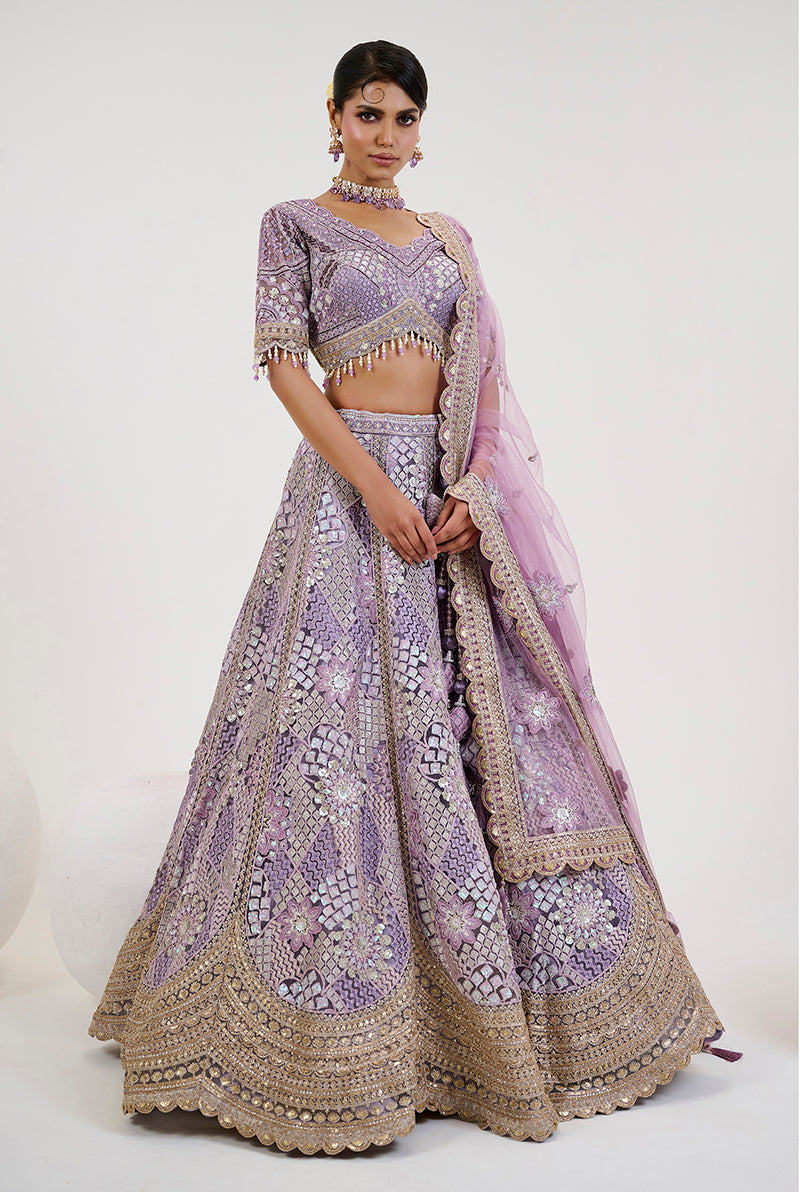 Lavender Net Embroidered Readymade Lehenga Choli With Dupatta